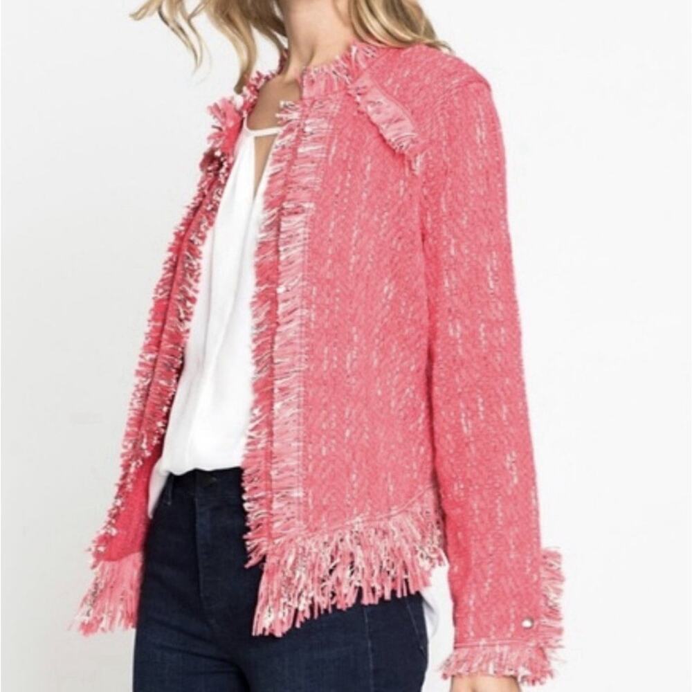 NIC + ZOE Pink Fancy Fringe Open Knit Blazer Women’s Small Tweed-Like - Picture 14 of 15